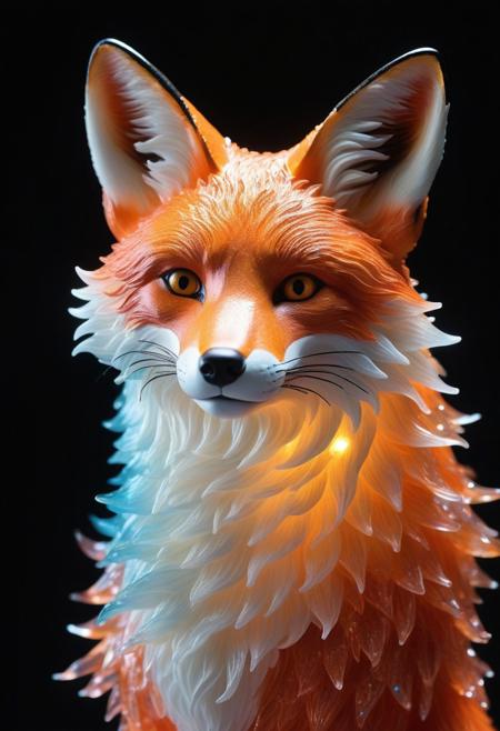 
A hyper-realistic digital artwork of a delicate and transparent vermilion crystal glass sculpture of a baby fox filled with bioluminescent flowers, artistic, sparkling dynamic colors, glitter, luminous opalescent, insanely detailed beautiful fox crystallized, meticulously detailed filigree fox, hypermaximalist bioluminescent glowing fox, shimmering, sparkling, extreme contrast and saturation, underwater particles, magical fantasy artwork, ultra high quality, embedding:advntr zavy-cnmtc zavy-rmlght low-key<lora:Image Upgrader-v0.1>