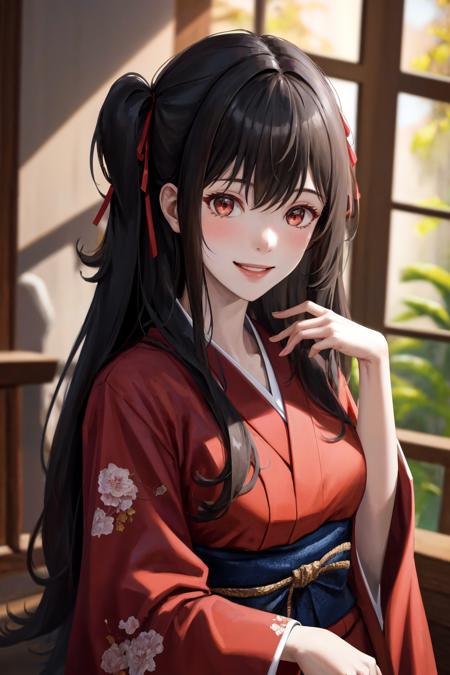 masterpiece, best quality, highres, 1girl red ribbon hair ribbon <lora:nagisa_natsunagi_no_outfit:1> kimono, smile