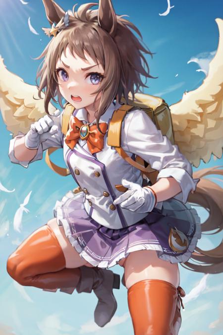 masterpiece, best quality, 
biko pegasus \(umamusume\), 
feathered wings, flying, wide shot, 
open mouth, looking at viewer, long sleeves, white jacket, teeth, white gloves, brooch, wings, star ear ornament, school uniform, orange bowtie, backpack, bag, double-breasted, buttons,
purple skirt, pleated skirt, orange thighhighs, boots, white footwear, 
<lyco:biko_pegasus_loha:0.7>