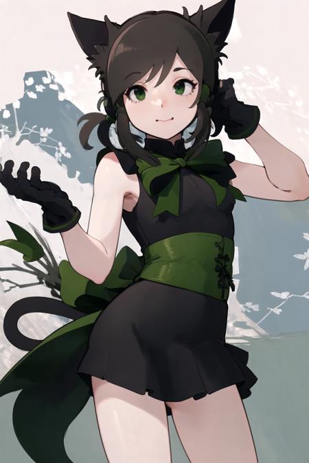 <lora:RtPL-RoseV1:1.0> rose_(riviera), cat_ears, green_eyes, cat_tail, (black_hair:1.2), green_bow, gloves, green ribbon, (black_dress:1.2), sleeveless,, beautiful, (masterpiece:1.2), (best quality:1.2), perfect eyes, perfect face,<lora:perfectfingers:1.0>