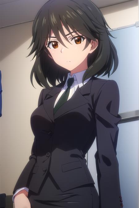 chifuyuorimura, <lora:chifuyu orimura s2-lora-nochekaiser:1>,
chifuyu orimura, long hair, bangs, black hair, hair between eyes, (brown eyes:1.3),
BREAK skirt, shirt, long sleeves, jacket, white shirt, necktie, black skirt, black jacket, formal, suit, black necktie, pencil skirt, skirt suit,
BREAK indoors, classroom,
BREAK looking at viewer, (cowboy shot:1.5),
BREAK <lyco:GoodHands-beta2:1>, (masterpiece:1.2), best quality, high resolution, unity 8k wallpaper, (illustration:0.8), (beautiful detailed eyes:1.6), extremely detailed face, perfect lighting, extremely detailed CG, (perfect hands, perfect anatomy),