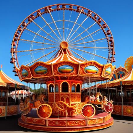 carousel in blood orange style, carnival, Ferris wheel, sunshine,
intricate, detailed, high quality, colorful