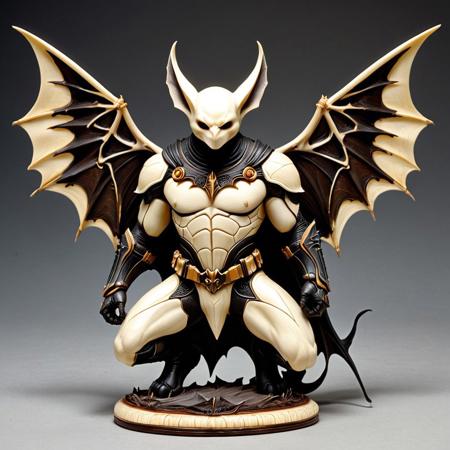 8k, score_9, score_8_up, score_7_up,
masterpiece,realistic,ultra detailed, vibrant colors,photo-realistic,
bat-like humanoid made out of ivory,
A large, powerful creature, resembling a bat-like humanoid, is crouched low to the ground, positioned in the center of the image.  The creature has dark, thick fur/hair covering its head and upper body, resembling a bat's wings.  Its face is a mix of human and animal features, with sharp, angular features and a stern expression.  The creature's body is muscular and heavily built.  It wears protective, segmented gauntlets on its arms, and appears to have a utility belt or harness. The creature's hands have sharp, clawed fingers. The creature is in a dynamic stance, ready to pounce, with claws extended.  The color palette is muted, ranging from various shades of brownish-gray, and tan/beige, with accents of dark black and orange hues in the bat wings. The lighting is diffused, creating soft shadows that highlight the creature's form and details. The style of the image is detailed, stylized, and evocative of a video game character design.  A stick or a spear-like object is positioned beneath the creature. The composition is sharp, clear, and draws the viewer’s attention to the creature’s power.  The creature's orientation is looking slightly downward, almost at the viewer, from a low angle perspective.
white background,
Protruding from the frame, ebony, ivory, scrimshaw, bone carving,