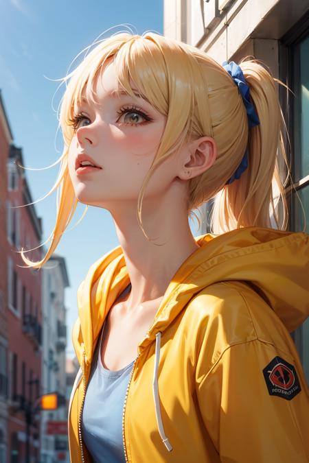 official art,(best quality, masterpiece:1.2),1girl,face focus,solo,blonde hair,outdoors,hood,parted lips,ponytail,long hair,upper body,yellow jacket,shirt,bangs,day,looking up,hooded jacket,blurry background,open jacket,hood down,hoodie,collarbone,parted bangs,lips,(blue sky:1.1),<lora:GoodHands-vanilla:1>,