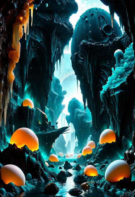 falmer Kwama Warrior, score_9, score_8_up, score_7_up, raw,32K, UHDR, (ultra-quality:1.6),cosmic habitat ,an extraterrestrial cosmic landscape. odd looking rock terrain. the planet is full of cliffs, landslides, ancient breaks, cataclysmic hostility, multilevel layered, titanic ribs, nodes-of-eggs, colliding with stalagmites. a grotto system. dim peach, biofluorescent, dark-teal-twilight. the feeling of spacy dynamic life.  . rhythmic movement. The xenomorph worm , intricate details, oddity of pulsing lifeform
, intricate details,  alone in the dark