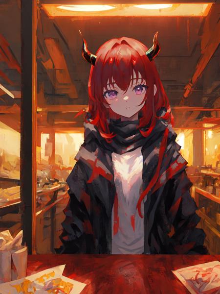 mksks style, masterpiece, detailed background, best quality, upper body, 1girl, looking at viewer, red hair, medium hair, purple eyes, demon horns, black coat, indoors, dimly lit