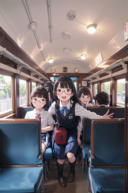 best quality, ultra-detailed, illustration,
oha35, train interior, scenery, seat, indoors, chair, window, ceiling, ceiling light,
multiple girls, school uniform, black hair, glasses, school bag, smile, laughing, looking at viewer, 
 <lora:JNR_oha35_SD15_V4_DIM4:1>