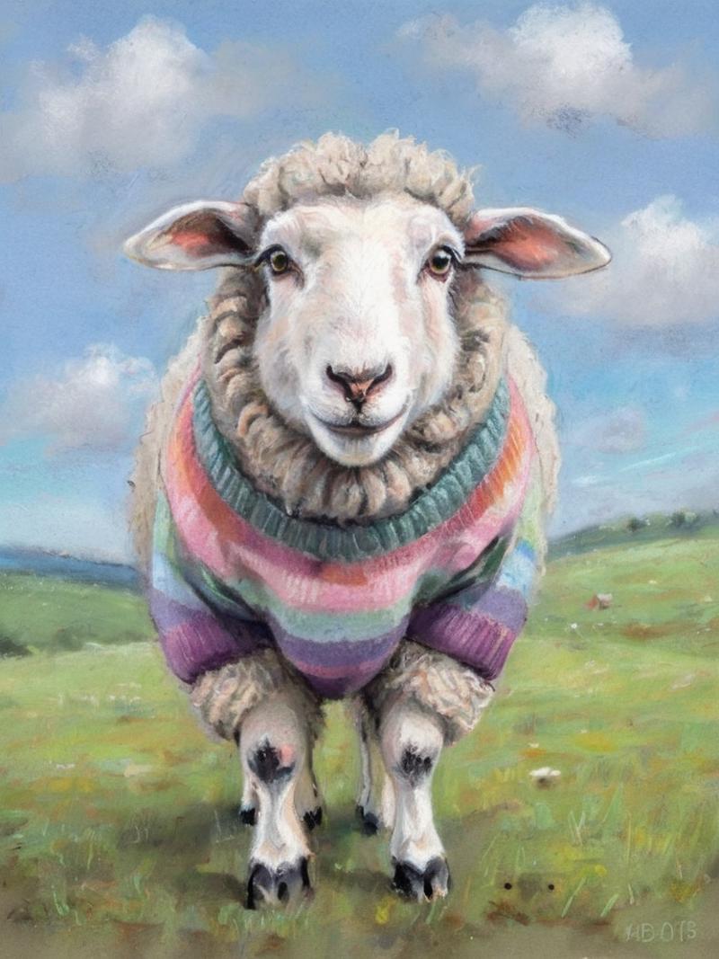 A sheep wearing a colorful sweater in a green field.