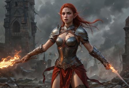 High resolution ultra-realistic of Beautiful Warrior Elf girl, 8k, capturing the intensity of the moment, cinematic lighting, standing on a bloody and stormy battlefield in bloody battle, wavy red hair, realistic dirty pale face, realistic dark brown eyes,  beautiful hourglass figure, burning in a medieval Town, intricately designed iron and silver armor, red mini skirt, LOTR Aesthetic, perfect athletic figure, beautiful Warrior elf girl, fire, ultra realistic, cinematic style, vigorous and seductive, athletic figure, dark fantasy, dramatic lighting, wet and sweaty skin, dirty skin, athletic figure, dark fantasy, dramatic lighting, Greg Rutkowski style,, Warrior Elf girl on in iron armor, hyper-detailed, hyper-realistic, bright colours, Attractive 21 old years girl, Attractive, beautiful firm Breasts, sharp focus, digital painting, Photograph Taken on Nikon D750, Alphonse Mucha, 8K, athletic figure, Hyperdetailed, hyperrealism, Attractive, Attractive bust girl, asymmetric balance