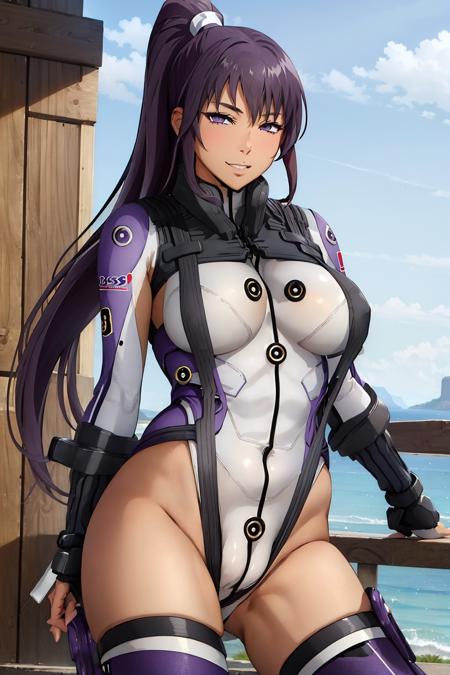 srw_ayame leotard, high ponytail, purple long sleeves, pilot suit, suspenders