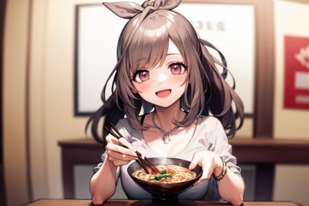 <lora:tsukioka kogane:1>, tsukioka kogane, 1girl, food, solo, brown hair, open mouth, chopsticks, long hair, jewelry, noodles, blush, smile, looking at viewer, restaurant, necklace, bowl, sitting, spoon, holding, collarbone, ramen, holding chopsticks, bangs, table, bracelet, breasts, blurry, holding spoon, ponytail, shirt, bow, pink eyes, ribbon, blurry background, hair bow, outdoors, large breasts, :d