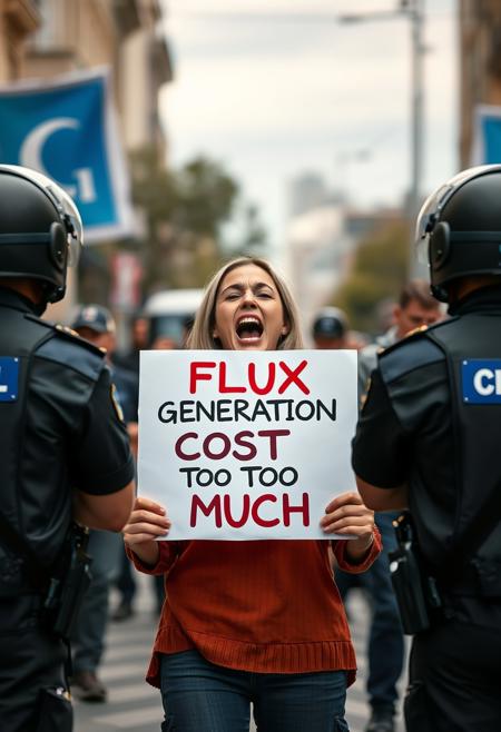 A photograph of a screaming, sad, crying, woman protesting with a poster in his hands that says ""FLUX GENERATION COSTS TOO MUCH"", civitai police officers stand in the foreground with their backs to the viewer,
Perfect full body woman, heroine sexy, front symmetrical view, from bellow,, street background,
