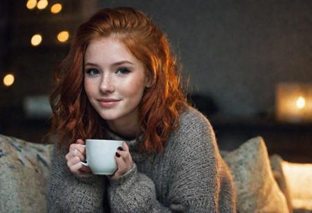 photorealism, RAW, (18-year-old red-haired girl:1,2), dark room, makeup, graphic eyeliner, blush, realistic skin texture, huge oversize bardic sweater, warm lighting, cozy atmosphere, happy face, with a cup of coffee, a little steam from coffee, sitting on a fluffy sofa with bent legs and a sweater on on top of her legs, her feet in warm socks protrude from under her sweater and stand on the couch, hugged her knees with her hands, muted lighting tones, late evening, light from a floor lamp, a very fluffy red-white cat sleeps behind this girl on the back of the sofa, improved rendering of facial features, post-processing,  uhd, high quality, dramatic, cinematic, vibrant colors, high contrast, (natural skin texture, hyperrealism, soft light, sharp)