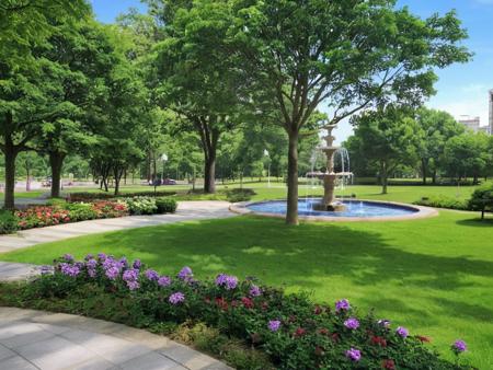 <lora:JJsLandscape_XL:.8>, masterpiece, best quality,((Landscape)),  scenery, outdoors, park, paving ,bench, building, tree, sky, real world location, day, grass, bush, flower, city, fountain,