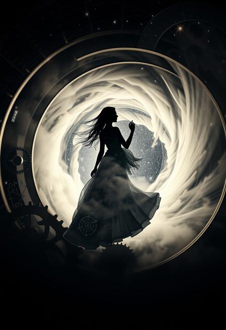 A **mysterious silhouette of a time-traveling woman** emerges from a swirling **black hole**, suspended within the intricate gears of a massive clock. Her **goddess-like form** blends into the surreal scene, surrounded by **geometric patterns** and **ancient symbols** etched into the metal. **Cosmic mist** obscures her figure, hinting at secrets of time and space. The clock’s gears, detailed with **fractal designs**, tick away as the black hole pulses with energy, creating a **double exposure** effect that alternates between a star-filled cosmos and the clock's inner workings.
The composition draws on the **surreal detail** of **Minjae Lee**, **Carne Griffiths**, and **Emily Kell**, with **photorealistic precision** reminiscent of **Steve McCurry**. The **cosmic depth** evokes **Geoffroy Thoorens** and **Jordan Grimmer**, framed with **deep fine borders** and balanced in a **seamless composition**. A masterpiece of **artistic photorealism**, blending **fantasy with reality**—a **great masterwork by the head of prompt engineering**.