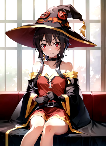 bunbun <lora:bunbun_offset:1>, masterpiece, best quality, megumin, 1girl, bare shoulders, black cape, black gloves, black hair, cape, choker, collarbone, dress, hair between eyes, hat, long sleeves, looking at viewer, medium hair, off-shoulder dress, off shoulder, red dress, red eyes, sidelocks, solo, witch hat, indoors,