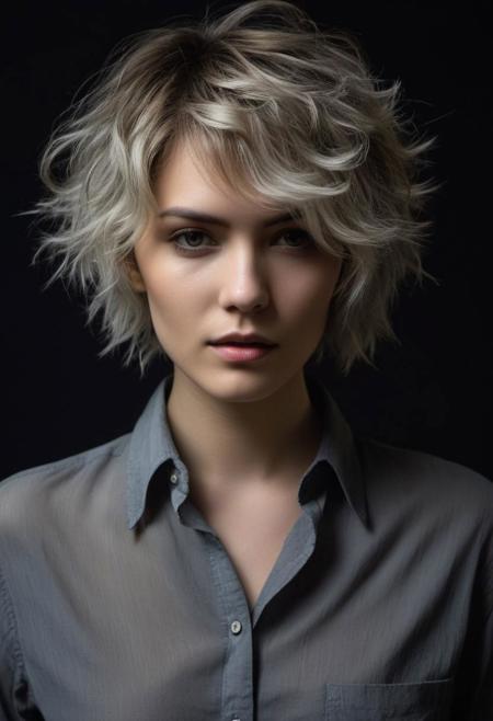 She has white pixie haircut, messy hair , dark grey trasparent button shirt, open shirt, golden makeup , simple jewelry, realistic skin pores , light moles,
BREAK sexy, attractive , erotic, half body shot , flowing pose, sensual ,
BREAK low-key lighting photograph, in the style of photo shooting, chiaroscuro lighting,  textured background with vintage decoration , medium format photography, Kodak portra colors