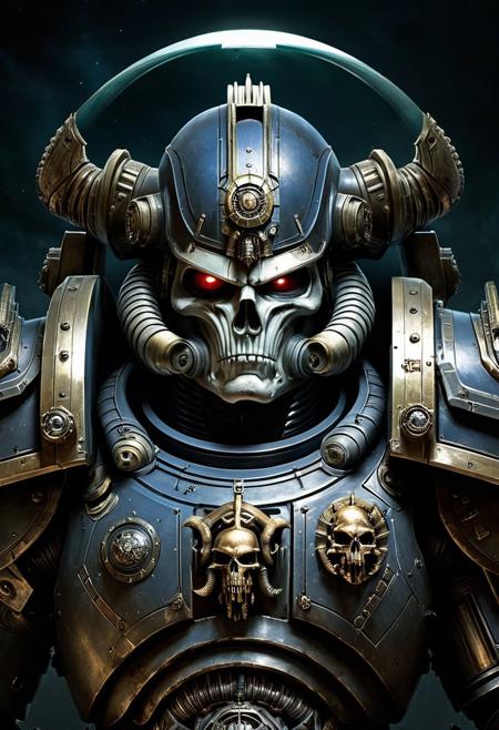 Warhammer 40000, Space marine portrait in the middle of the day, H. R. Giger style but depicted as an oil painting by Rembrandt --ar 2:3 --v 5