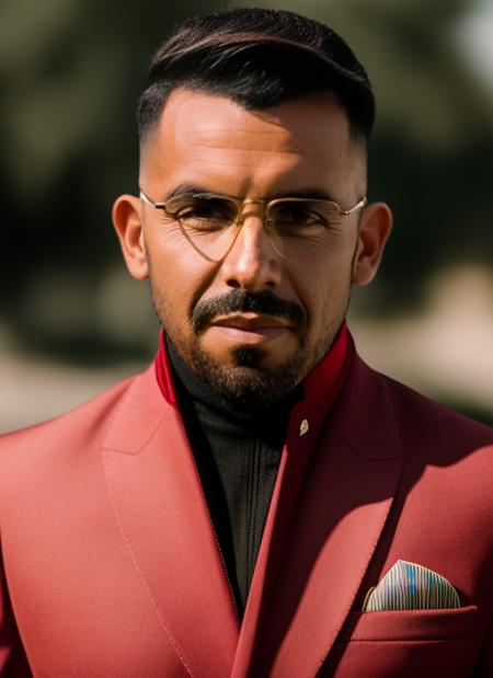 portrait of sks man (tevez:1), serious look with very short hair, dressed with red suit and aviator glasses, (outdoors:1.2), natural lighting, 4k, 8k, 8k realistic, sharp focus, intricate, high resolution  <lora:tevez:1>