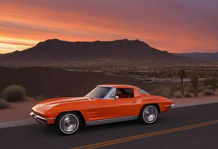 motor vehicle, no humans, car, outdoors, scenery, road, sky, orange sky, vehicle focus, sunset, desert, mountain, shadow, evening, gradient sky, building, red sky, city, cloud, twilight, rock, dusk, landscape, mountainous horizon, grass, sports car, cityscape, hill, (1963 Chevrolet Corvette)