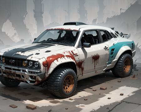 (masterpiece, best quality:1.1), ultra-detailed, (battlecar:1.1), vehicle focus, no humans, car, wheel, tire, debris, (muscle car:1.05), blood splatter, broken concrete, dirty, galaxy paintjob