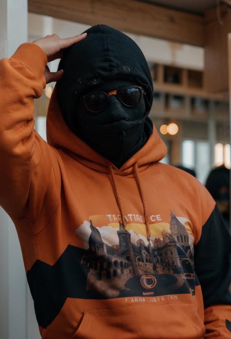 <lora:kekrav1:0.9> 1boy, black mask, blurry, hood, kekra, male focus, mask, orange hoodie, realistic, shirt, solo, sunglasses, upper body