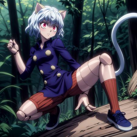 <lora:Neferpitou001:0.6>,<lora:add_detail:1>,<lora:noline:0.3>,
Neferpitou,1girl,red eyes,cat ears,
blue jacket,double-breasted,
(brown shorts:1.2),striped,
brown socks,blue footwear,
doll joints,(nature:1.2),solo,combat stance,