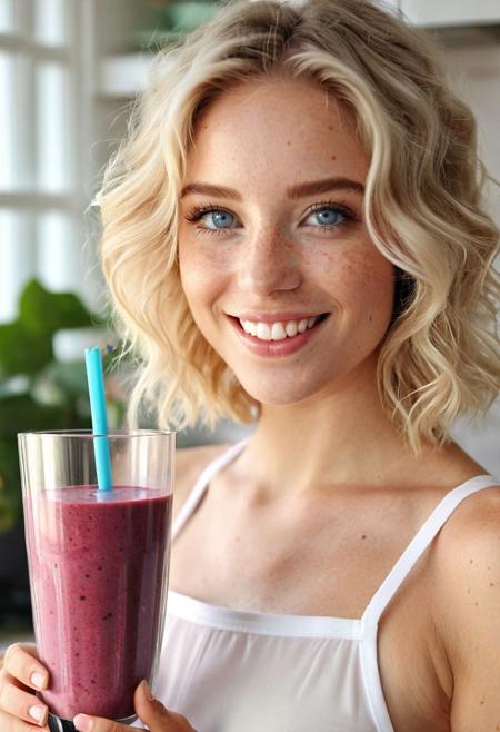 drinking smoothie, red smoothie, beet smoothie, strawberrie smoothie, healthy smoothie, smoothie in glass, perfect fruits, perfect glass, perfect fingers, Drinking smoothie, wide-angle view, ((full-figure visible:2.0)), entire body in frame, kitchen overview, ((spacious composition:1.5)), head to toe in shot, standing in kitchen, kitchen advertisement, full body, lips touching glass, glass in front of mouth, (open mouth:1.2), DRINKING, (SMOOTHIE:2.0),  gym clothing, sports clothes, white top, white sporttop, athletic clothing, happy, smiling, laughing, beautiful girl, short light blonde wavy hair, above shoulder length blond curly hair, bob cut, blue eyes, blue eyes:1.1, perfect eyes, extremely detailed eyes, extremely detailed face, textured skin, photorealistic, hyperdetailed:1.2, insane details, natural look, cute face, stunningly beautiful, pale skin, freckles, blush, detailed skin, extremely detailed, 1girl, shoulders, arms, breasts, hips, hands, perfect hands, perfect feet, perfect eyes, perfect nails, upper legs, legs, happy, open mouth, perfect teeth, in the kitchen, marble kitchen block, modern kitchen, 4K, RAW, best quality, masterpiece, ultra-detailed, hyperrealism:1.2, RAW photo, best quality, realistic, photo-realistic:1.3, best quality, masterpiece, extremely delicate and beautiful, extremely detailed natural lighting, bokeh:1.2, Porta 160 color, shot on ARRI ALEXA 65, Fujifilm XT-3, WARMER LIGHTING, sunny kitchen, warm sunlight, sun rays, inviting atmosphere