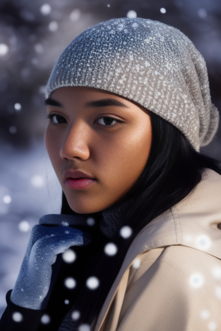 RAW photo, masterpiece, best quality, high quality, 120mm, F/5.8, insanely detailed and intricate, 1girl, brown eyes, black hair, (high detailed skin:1.2), turtleneck, detailed background, nature background, (snow, winter, snowflakes, blizzard), solo, 8k uhd, dslr, soft lighting, film grain, Fujifilm XT3 <lora:DeviLora:1>