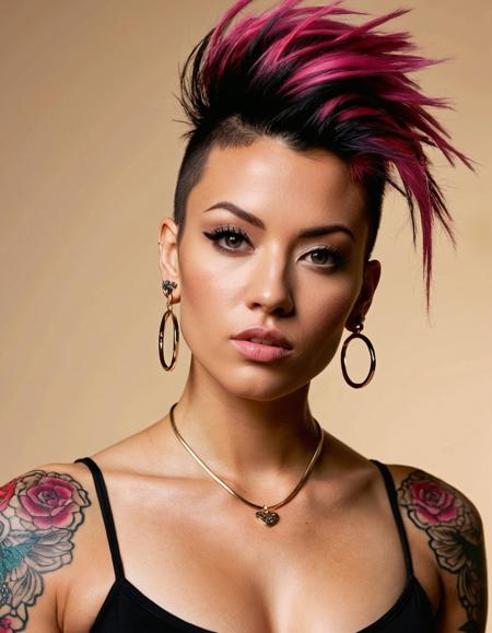 A photo realistic shoot from a portrait camera angle about a woman with a mohawk hairstyle and tattoos, standing against a plain beige background. the image also shows a woman in the middle of the frame, who appears to be a young adult, with light skin, short hair, and a serious expression. she is facing the viewer with her eyes looking directly at them. her body is slim, and she has medium breasts with small pink nipples. her arms are adorned with intricate tattoos, including a heart, a paisley, and an eagle. she has a tattoo on her chest and arms, and is wearing earrings. her hair is styled in a spiky manner, and her hair color is black. her eye direction is looking to the side. her ears are not visible. her facial expression is serious.