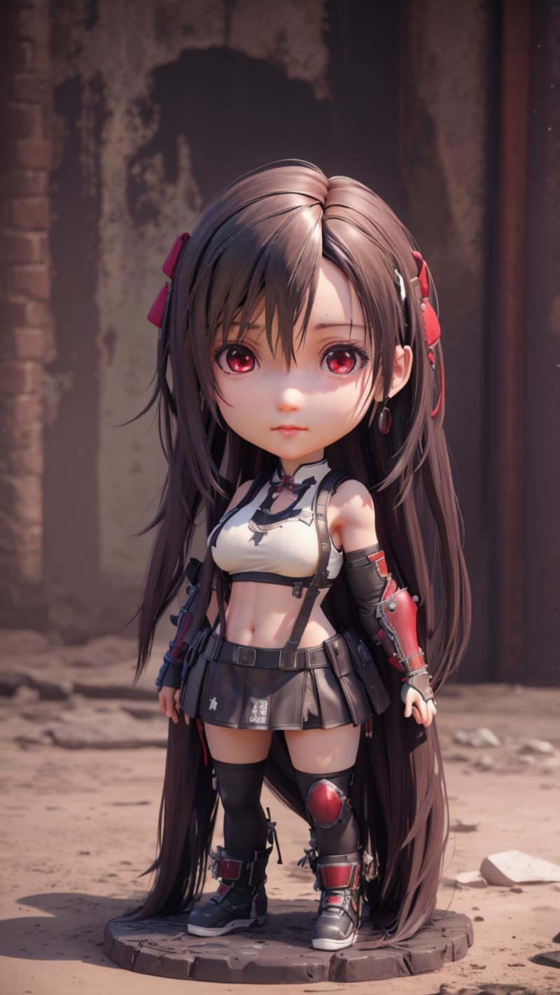 A small doll with a black outfit and red eyes.