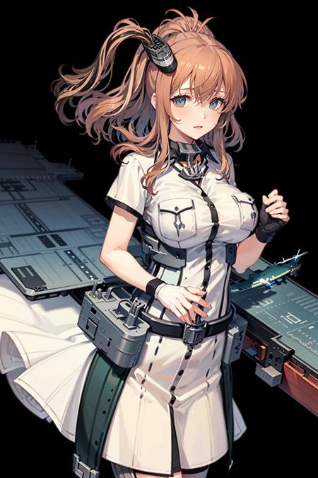 masterpiece, best quality,  (1girl, solo), (simple background,white background:1.3), (straight-on:1.5), solo focus, whitesara, 1girl,saratoga \(kancolle\),flight deck, solo, breasts, large breasts, breast pocket, gloves, aircraft, smokestack, white dress, airplane, single glove, anchor, weapon, fingerless gloves<lora:saratoga-000008:1>