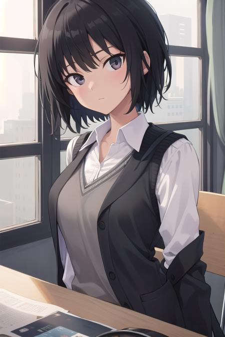 ainanasaki, <lora:ainanasakitest:1>, ai nanasaki, (black eyes:1.5), bob cut, short hair,
BREAK cardigan, kibito high school uniform, school uniform, skirt, sweater vest,
BREAK looking at viewer,
BREAK indoors, classroom,
BREAK <lora:GoodHands-vanilla:1>, (masterpiece:1.2), best quality, high resolution, unity 8k wallpaper, (illustration:0.8), (beautiful detailed eyes:1.6), extremely detailed face, perfect lighting, extremely detailed CG, (perfect hands, perfect anatomy),