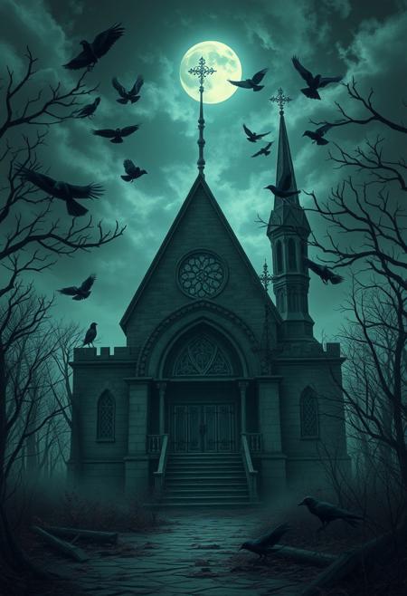 abandoned church, gothic style, fantasy, crows, anime style