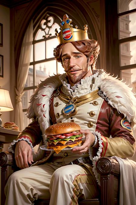 1man, solo, portrait of burgerking mascot  sit on king throne, giant burgers on wooden table,  glass of wine, castle, golden ornament, looking at viewer, details, realistic, photography, blurry background, softfocus , bokeh <lora:ARWBurgerKingMascot:1>