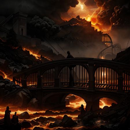 (masterpiece:1.2), (best quality,:1.2), 8k, HDR, ultra detailed, ((photorealistic)), professional light, cinematic lighting, fashion photography, ambient lighting, atmospheric effects, a gothic bridge over a river of fire, <lora:RealmsOfFire-10:1>, epiCPhoto