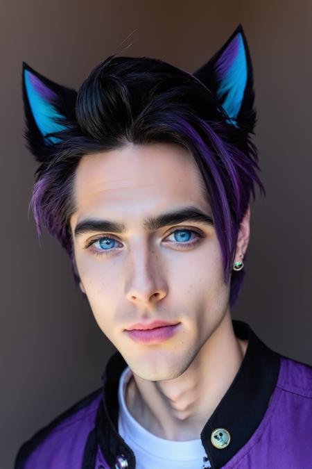 Maverick Ellis Rowe,  1boy,  male focus,  solo,  looking at viewer,  short hair,  blue eyes,  black hair,  animal ears,  jacket,  purple hair,  parted lips,  cat ears,  lips,  colored sclera,  freckles, <lora:EMS-48054-EMS:0.400000>