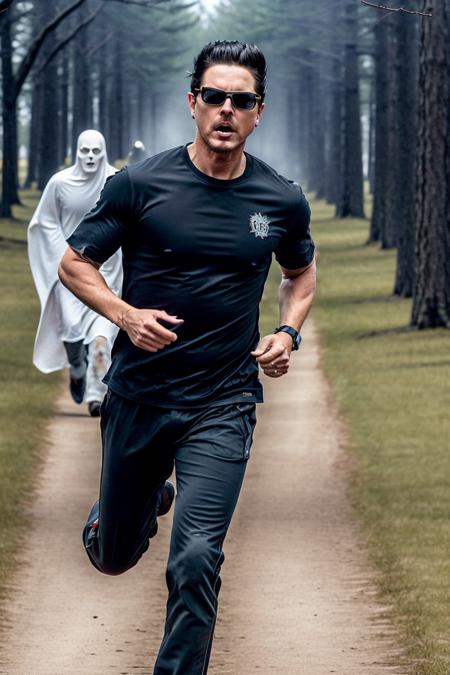 a photo of ga_zakbag, running, (chased by a ghost:1.2), (ghost:1.4), chase scene, horror, supernatural, ectoplasm, unnatural glow, eerie, 
male, muscular, fit, sunglasses, black shirt, 
outside, castle, woods, trees, shrubbery,