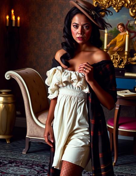 Very beautiful and sensual woman, realistic , detailed shading, cinematic lighting , 4k resolution,< (enticing harlot) young woman, african, dark skin, brown eyes, Average build, medium dark  hair, wearing a white ruffled bodice, silk underskirt, fishnet stockings, buckled shoes, jeweled ring, rosy cheeks,red lips,subtle blush, embroidered shawl,feathered hat, set in the 18th century, in boudoir, elegant room with a chaise lounge, a small writing desk with a quill and ink bottle, candles flickering on the walls, richly textured wallpaper, a plush rug underfoot>,<lora:SultryNoshi:1.3>