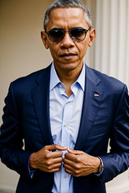 RAW photo, Barack Obama, 8k uhd, dslr, high quality, cinematic lighting, photorealistic, realistic, business suit, cross-laced clothes, collared shirt, unbuttoned shirt, heart shaped sunglasses, rose tattoo on the neck, dimly lit <lora:epi_noiseoffset2:0.9>, low key, serious expression, intricate details,