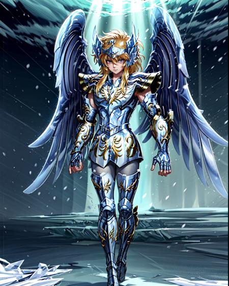 masterpiece, best quality, highres, solo, detailed background,ice,outdoors,fingerless gloves ,<lora:more_details:0.8>, pauldrons , <lora:hyogaV2:0.9>,god cloth,light rays,snowing,full body,wings