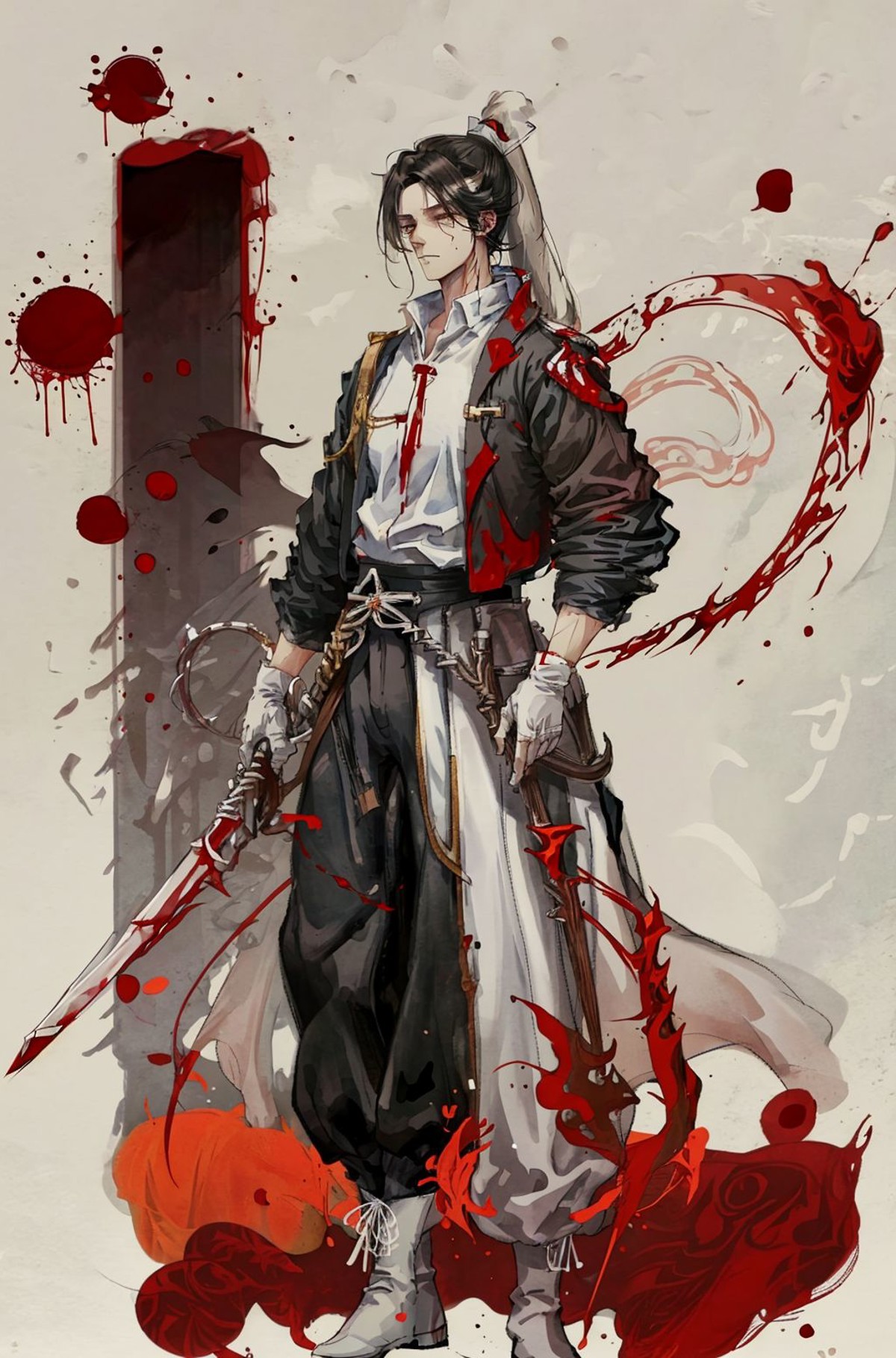 1boy,pants, black hair, standing, shirt, solo, holding, white shirt, blood, boots, full body, weapon, ponytail, , gloves, ...