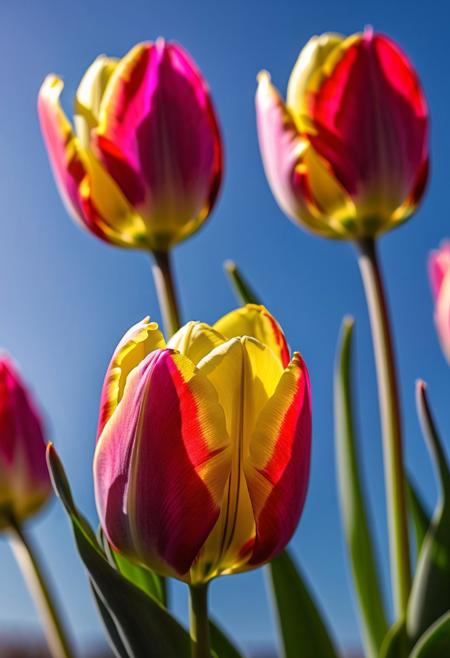 macro photo, close-up, masterpiece, 4k, ray tracing, intricate details, highly detailed, hyper realistic, 8k RAW editorial photo.
red, pink, yellow, blue, white tulips,lit by the sun, dramatic light, shallow depth of field,