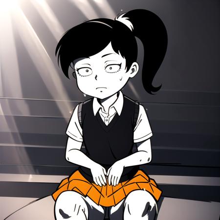 1girl, solo,akiko yoshida, black hair, ponytail, sweater vest, school uniform, orange skirt, black eyes,  shirt, short sleeves,