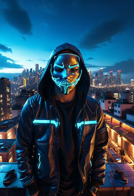 score_9, score_8_up, score_7_up, score_6_up, score_5_up, score_4_up, (absurdres, best quality, masterpiece:1.4), illustration, photorealistic, cinematic lighting, dynamic angle, perfect composition, mask, neon mask, urban rooftop, night cityscape, neon lights, dark clothing, techwear, electric blue glow, tense atmosphere, digital screen face, sleek