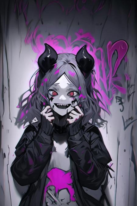 <lora:graffiti-halloween_v2:0.6>,
1girl,graffiti,demonic face,