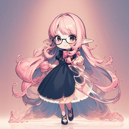 liquid hair,Transparent hair,
1 girl, blond hair, full bangs, long curly hair, wearing pink big bow, pink round glasses,: 3, black eyes, pink dress, pink shoes,elf,