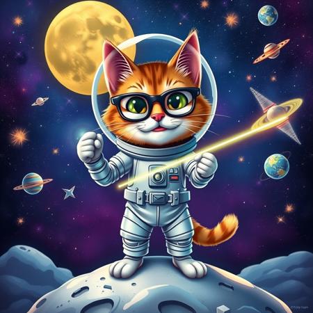 A brave, bespectacled cat named 'Professor Purr-cival' 
standing on the moon, wearing a shiny spacesuit and holding a giant, 
glowing laser pointer. The background is a colorful galaxy with stars, 
planets, and spaceships flying by. Incorporate dynamic expressions and 
fun, exaggerated facial features.