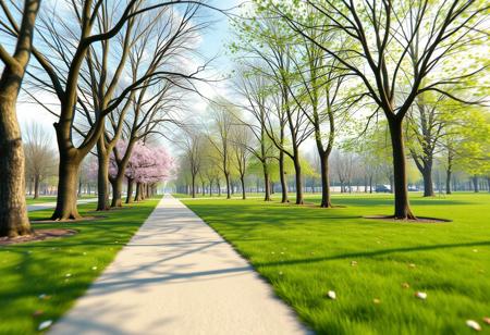 A highly detailed, semi-realistic 3D digital illustration style.  POV, eye level View from  walking  in a Green Park, Spring, cold weather.