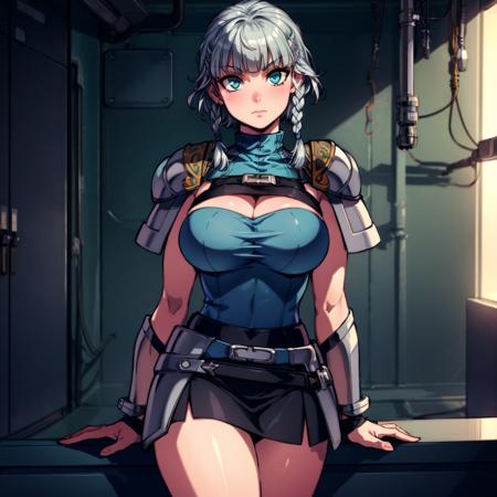 8k, 4k, intricate details, cinematic lighting, stunning environment, ornate, (realistic:1.1), detailed face, detailed eyes, detailed shadows, 1girl, solo, blue eyes, curvy, large breasts, cleavage, jacket, mini skirt, black skirt, green jacket, blue waist clothes, (shoulder armor:1.1), gray hair, short hair, twin braids, turtleneck clothes, <lora:CHA_SeollaSchweizer:1>,  <lora:1_ADD_Detail:1>